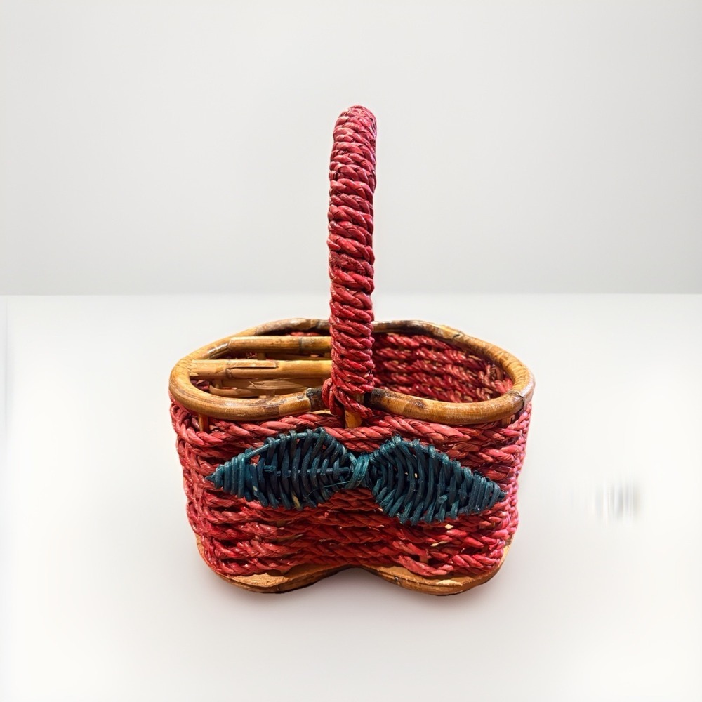 Vintage Wicker Apple Fruit Shaped Basket Utensil Holder Picnic Cottage Core